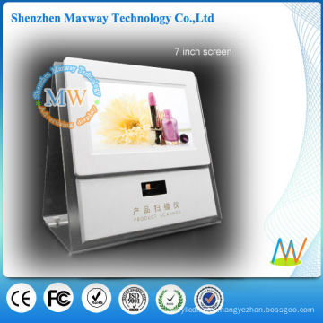 acrylic counter display with 7 inch lcd screen and barcode scanner for promotion